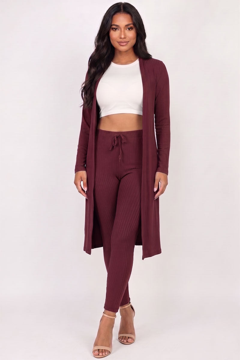 Conjunto de cárdigan largo de canalé y leggings