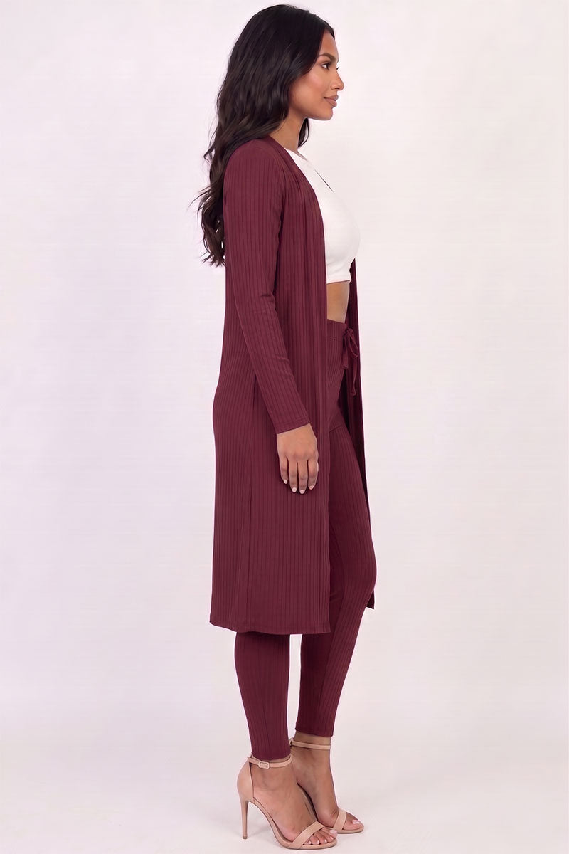 Conjunto de cárdigan largo de canalé y leggings