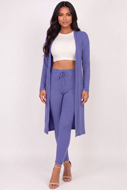 Conjunto de cárdigan largo de canalé y leggings