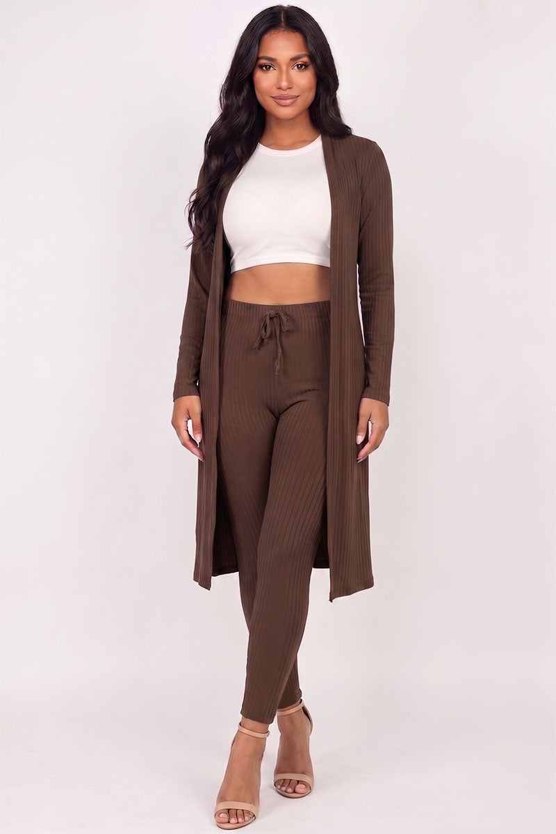 Conjunto de cárdigan largo de canalé y leggings