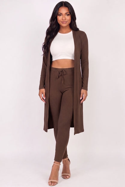 Conjunto de cárdigan largo de canalé y leggings