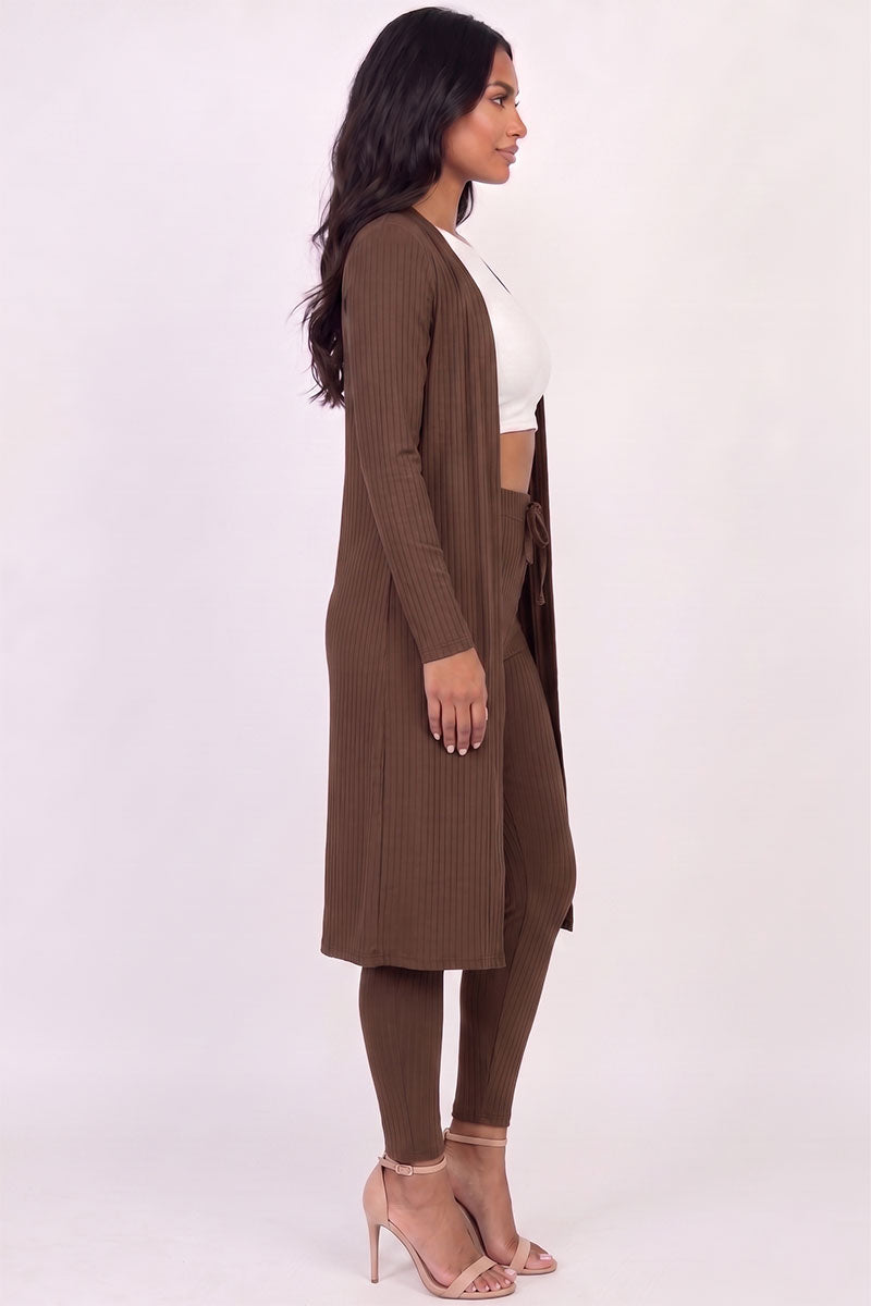 Conjunto de cárdigan largo de canalé y leggings