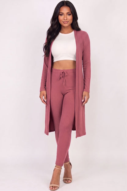 Conjunto de cárdigan largo de canalé y leggings