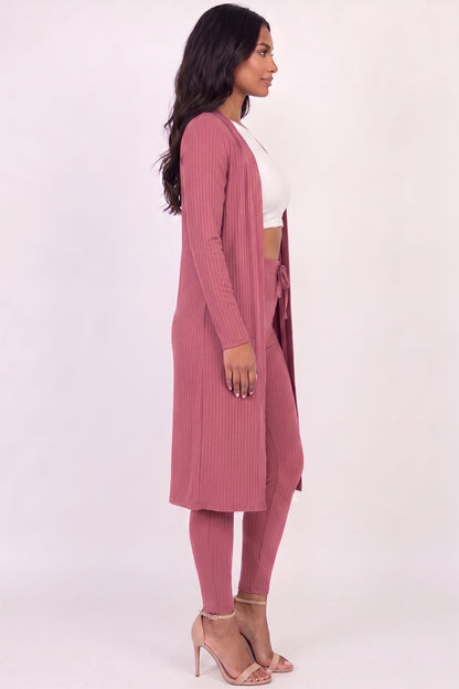 Conjunto de cárdigan largo de canalé y leggings