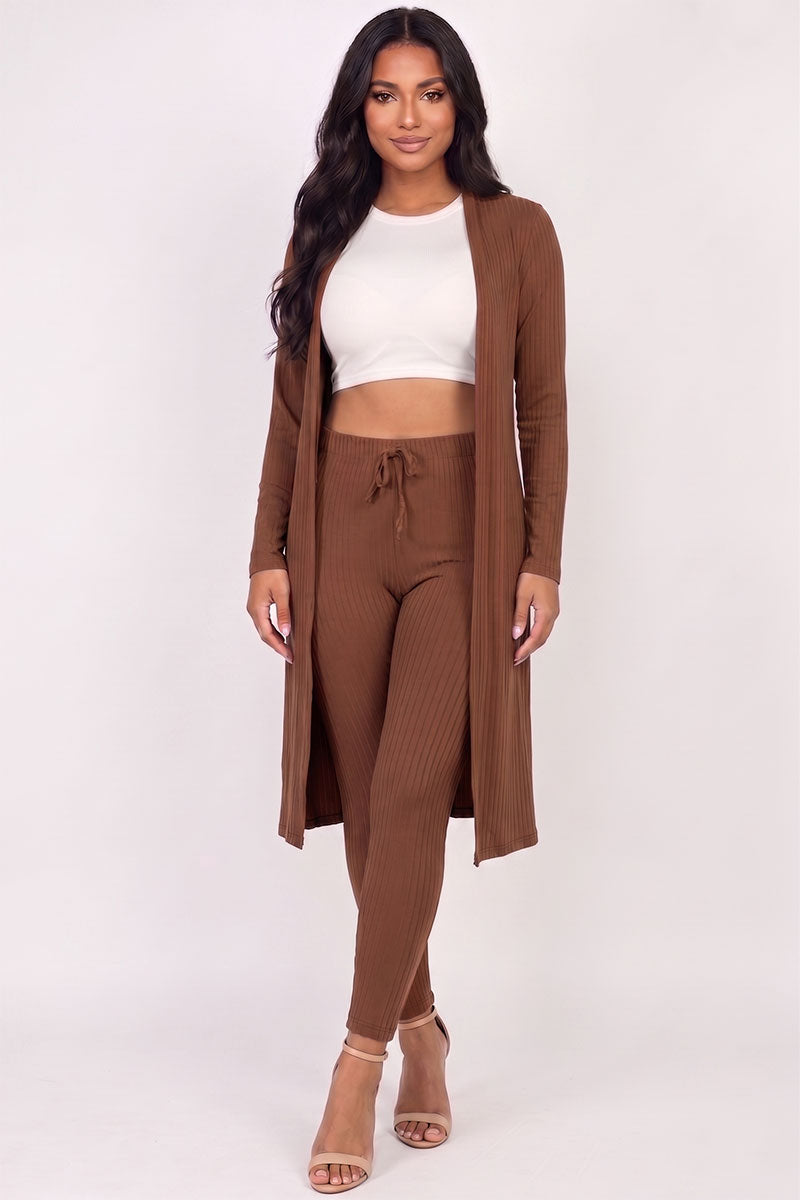 Conjunto de cárdigan largo de canalé y leggings