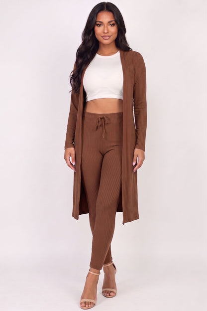Conjunto de cárdigan largo de canalé y leggings