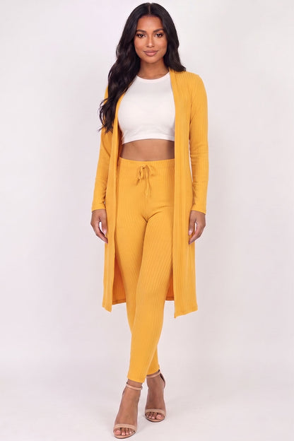 Conjunto de cárdigan largo de canalé y leggings