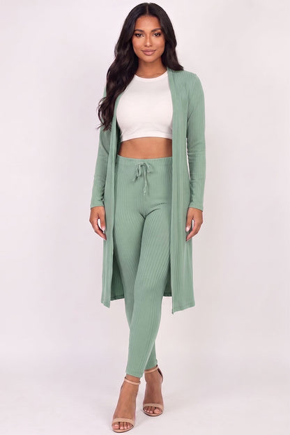 Conjunto de cárdigan largo de canalé y leggings