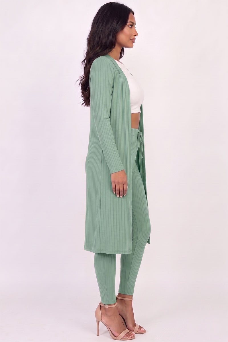 Conjunto de cárdigan largo de canalé y leggings