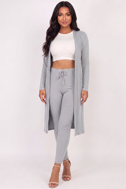 Conjunto de cárdigan largo de canalé y leggings