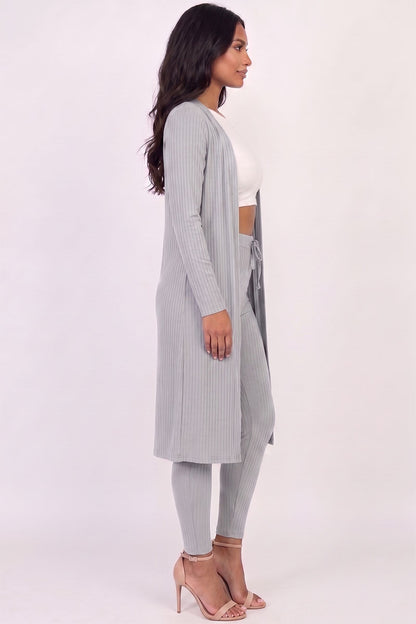 Conjunto de cárdigan largo de canalé y leggings