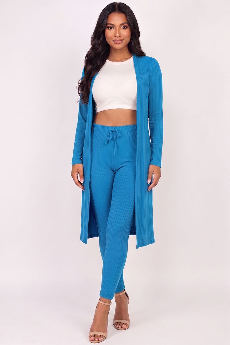 Conjunto de cárdigan largo de canalé y leggings