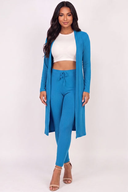 Conjunto de cárdigan largo de canalé y leggings
