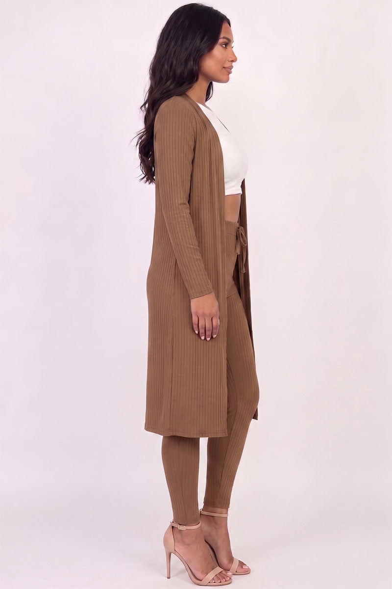 Conjunto de cárdigan largo de canalé y leggings