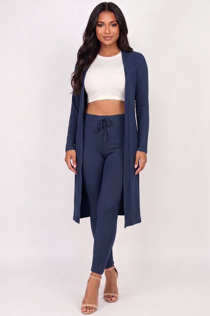 Conjunto de cárdigan largo de canalé y leggings