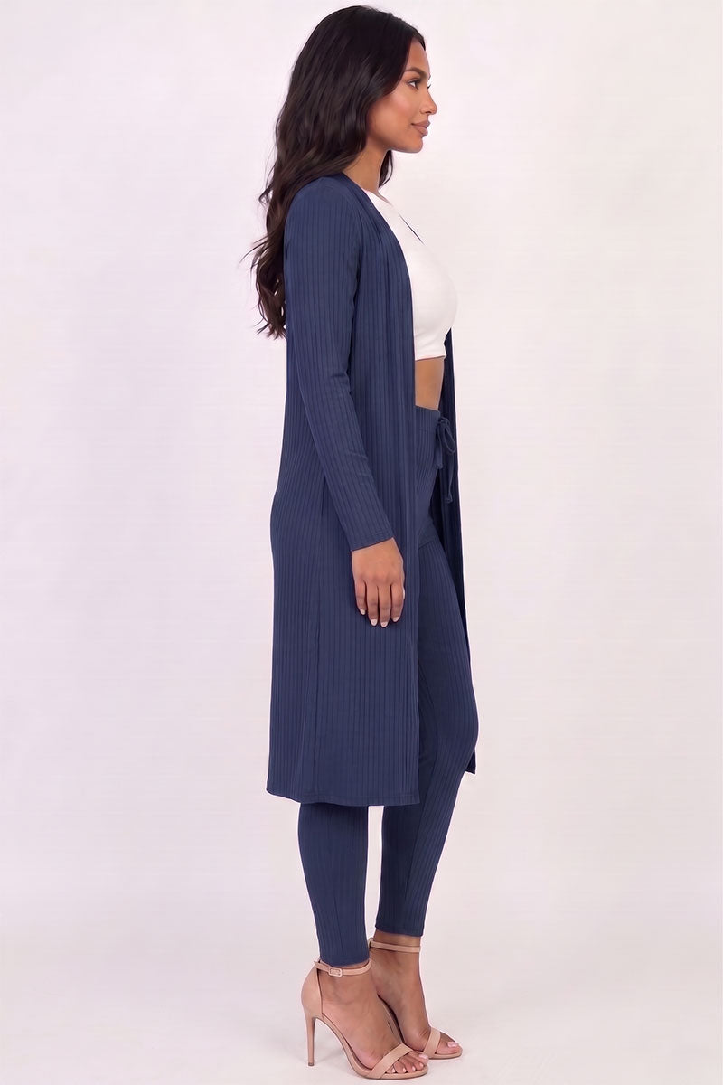 Conjunto de cárdigan largo de canalé y leggings