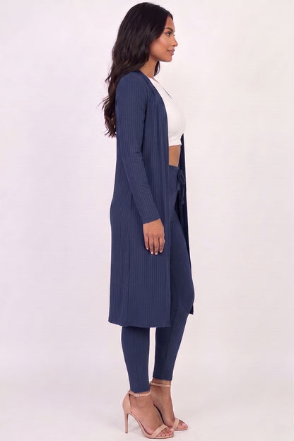 Conjunto de cárdigan largo de canalé y leggings