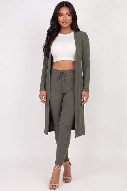 Conjunto de cárdigan largo de canalé y leggings