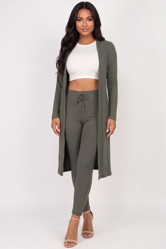 Ribbed Long Cardigan & Leggings Set