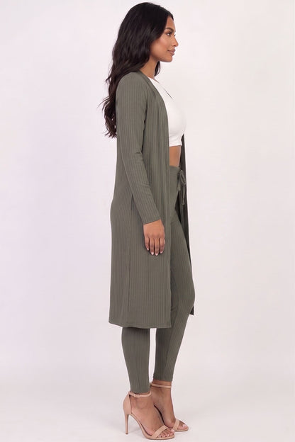 Conjunto de cárdigan largo de canalé y leggings