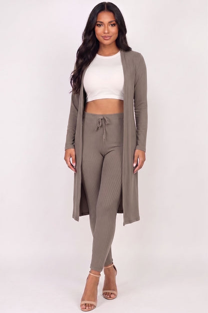 Conjunto de cárdigan largo de canalé y leggings