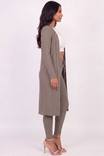 Conjunto de cárdigan largo de canalé y leggings