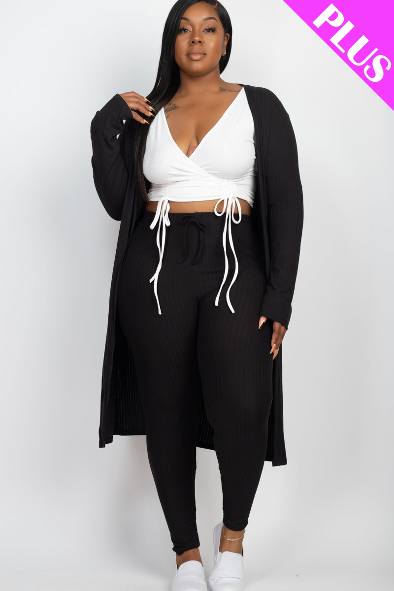 Plus Size Ribbed Long Cardigan & Leggings Set - Capella Apparel Wholesale