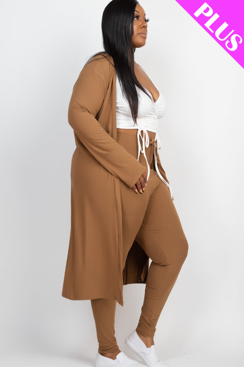 Plus Size Ribbed Long Cardigan & Leggings Set - Capella Apparel Wholesale