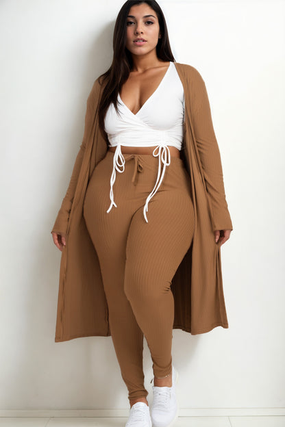 Plus Size Ribbed Long Cardigan & Leggings Set - Capella Apparel Wholesale