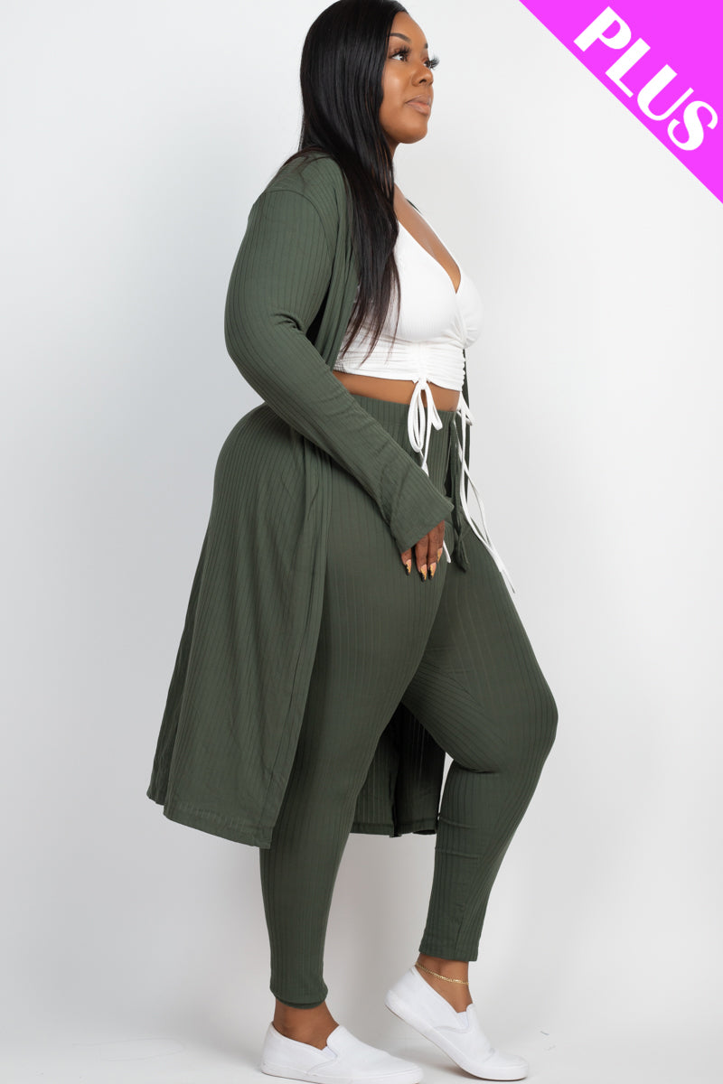 Plus Size Ribbed Long Cardigan & Leggings Set - Capella Apparel Wholesale