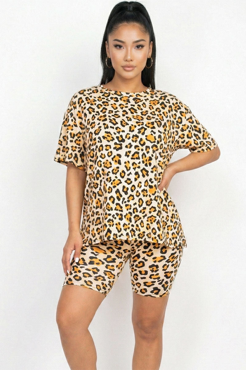 Animal Print Loose Fit Top & Biker Shorts Set