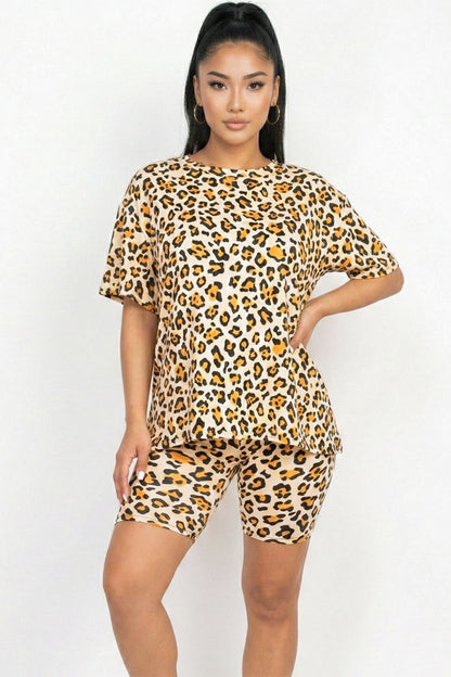 Animal Print Loose Fit Top & Biker Shorts Set