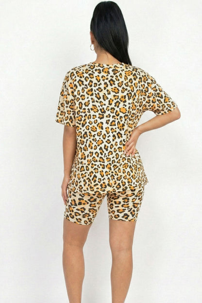 Animal Print Loose Fit Top & Biker Shorts Set