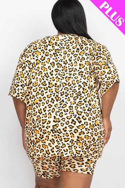 Plus Size Leopard Print Loose Fit Top & Biker Shorts Set