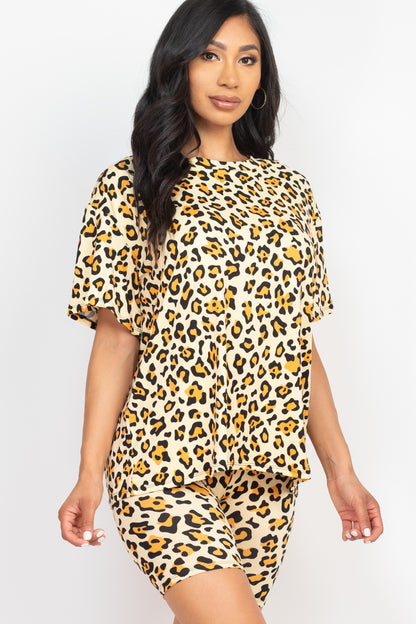 Leopard Print Loose Fit Top & Biker Shorts Set - Capella Apparel