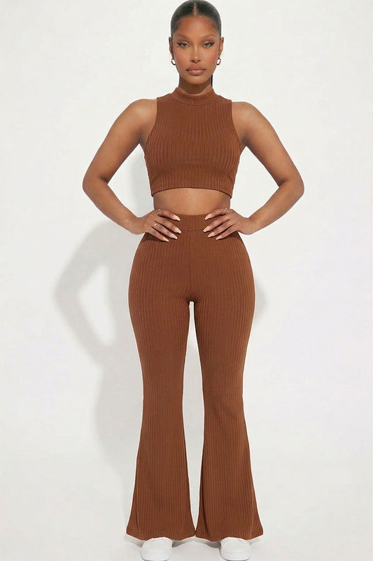 Ribbed Mock Neck Crop Tank Top & Bootcut Pants Set