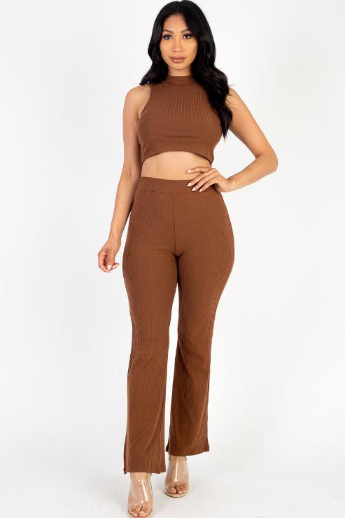 Ribbed Mock Neck Crop Tank Top & Bootcut Pants Set