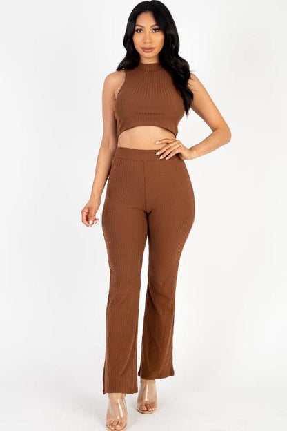 Ribbed Mock Neck Crop Tank Top & Bootcut Pants Set