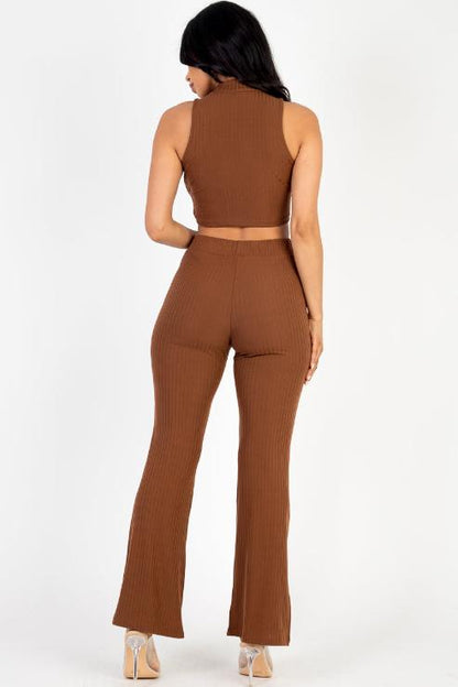 Ribbed Mock Neck Crop Tank Top & Bootcut Pants Set