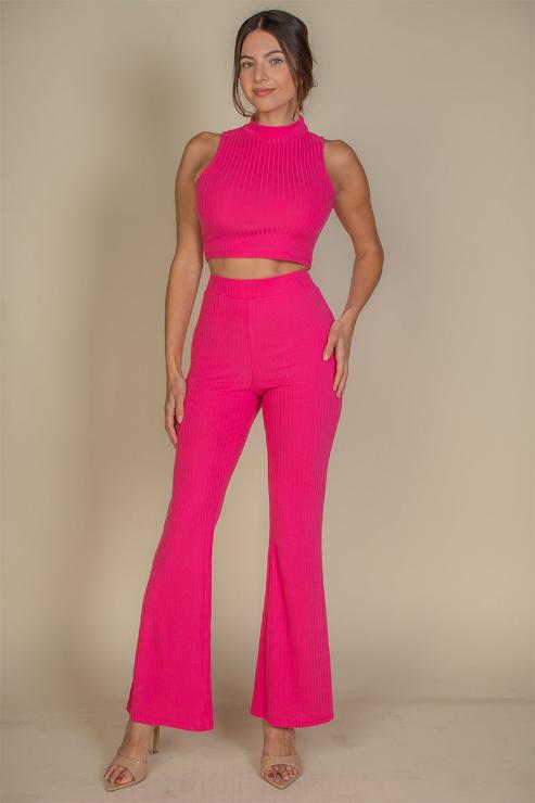 Ribbed Mock Neck Crop Tank Top & Bootcut Pants Set