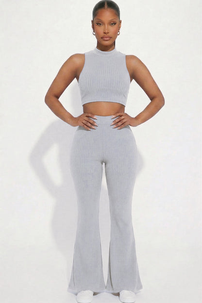 Ribbed Mock Neck Crop Tank Top & Bootcut Pants Set