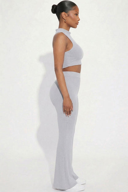 Ribbed Mock Neck Crop Tank Top & Bootcut Pants Set