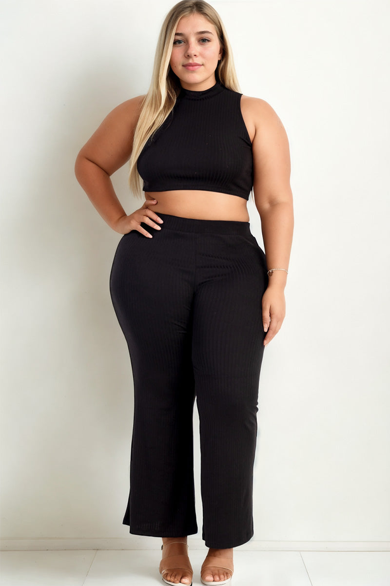 Plus Size Ribbed Mock Neck Crop Tank Top& Bootcut Pants Set - Capella Apparel