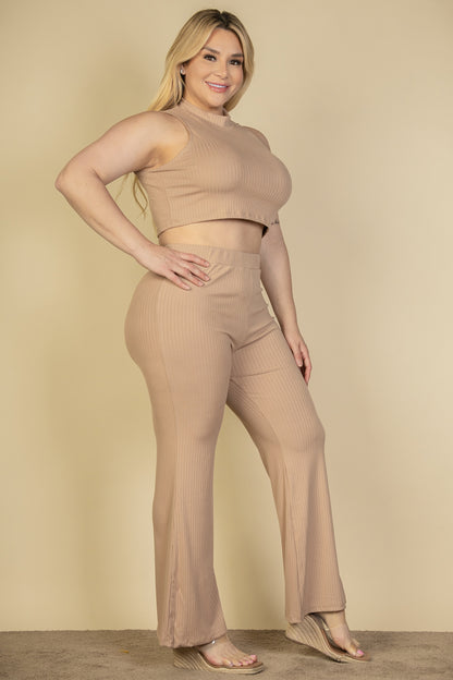 Plus Size Ribbed Mock Neck Crop Tank Top& Bootcut Pants Set - Capella Apparel