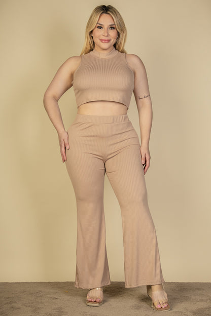 Plus Size Ribbed Mock Neck Crop Tank Top& Bootcut Pants Set - Capella Apparel