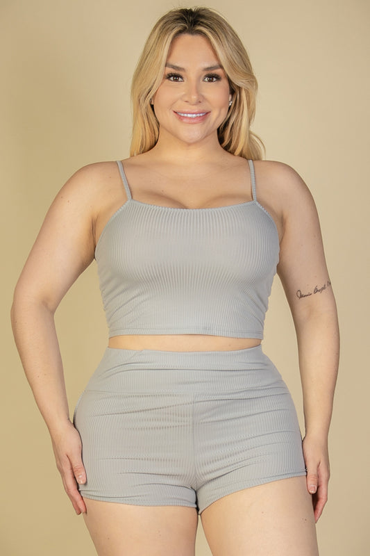 Plus Size Ribbed Cami Crop Top & Ruched Shorts Set - Capella Apparel