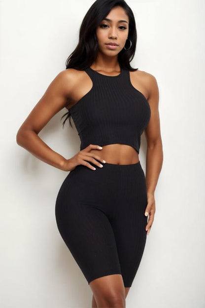 Ribbed Cropped Tank Top and Biker Shorts Set - Wholesale Capella Apparel