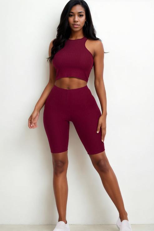 Ribbed Cropped Tank Top and Biker Shorts Set - Wholesale Capella Apparel