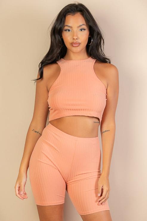 Ribbed Cropped Tank Top and Biker Shorts Set - Wholesale Capella Apparel