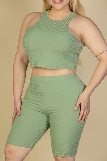 Plus Size Ribbed Cropped Tank Top and Biker Shorts Set - Capella Apparel